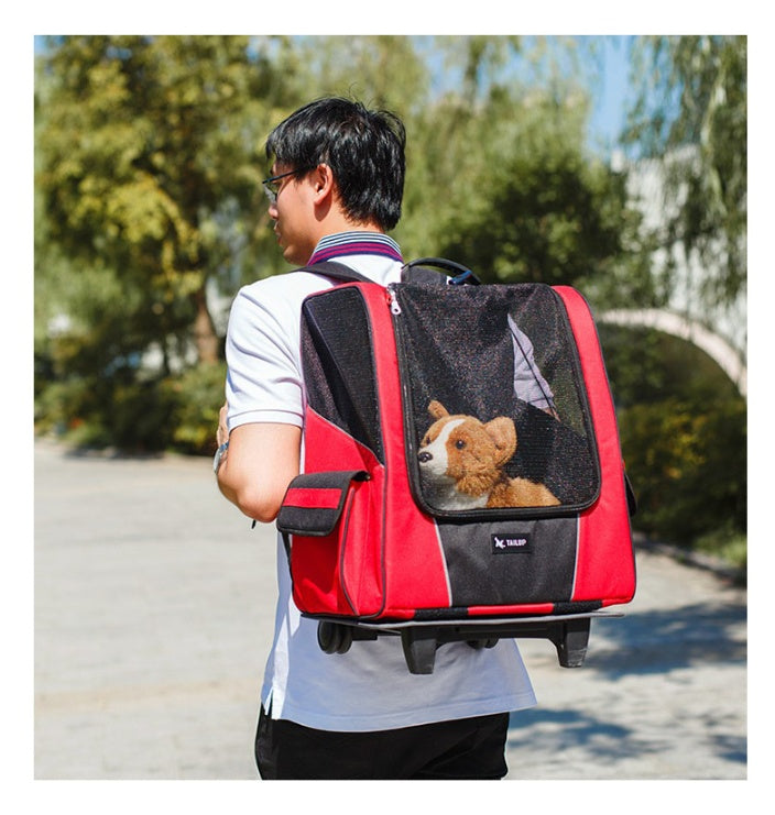 Pet Wheel Carrier Portable Dog Strollers, Backpack Breathable Roller Luggage Car Travel Transport Bag