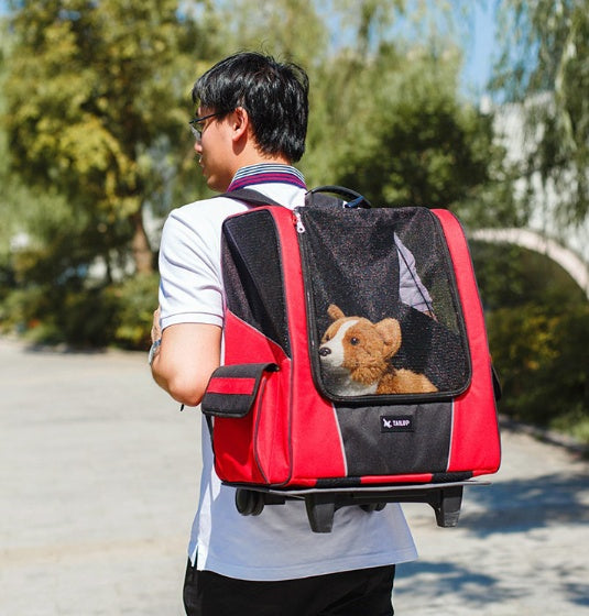 Pet Wheel Carrier Portable Dog Strollers, Backpack Breathable Roller Luggage Car Travel Transport Bag
