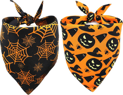 Halloween Dog Bandanas, Pumpkin And Spider Web Bibs Triangle Reversible Fall Dog Scarf