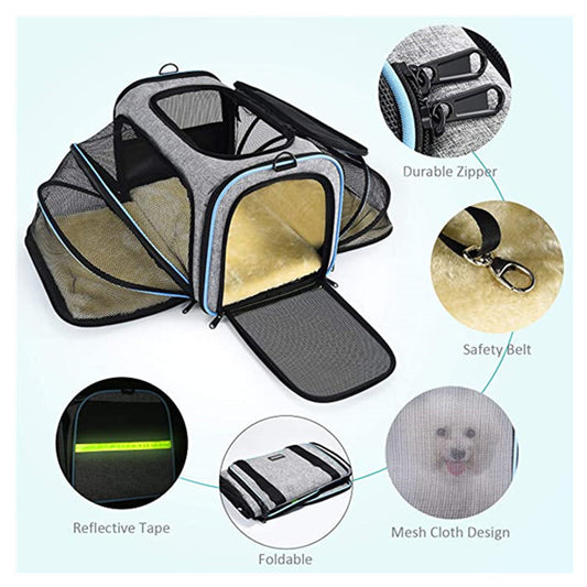 Airline Approved Expandable Foldable Soft Dog Carrier Opened Doors Reflective Travel Bag