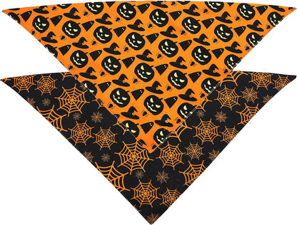 Halloween Dog Bandanas, Pumpkin And Spider Web Bibs Triangle Reversible Fall Dog Scarf